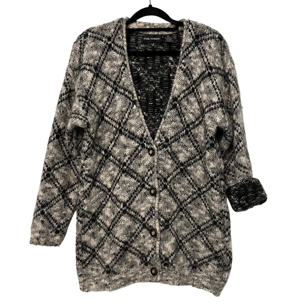 Vintage Mohair Wool‎ Chunky Knit Grandpa Cardigan Sweater Black White Size Small